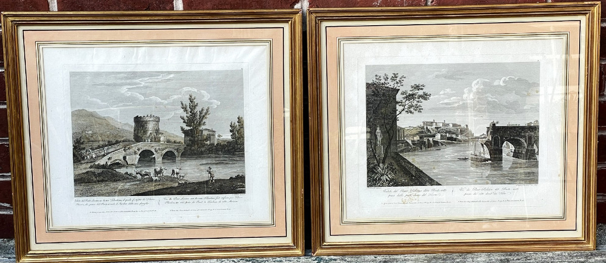 Paire de gravures par Pietro Barboni 1826 : pont Lucano et pont Æmilius (Rome) 