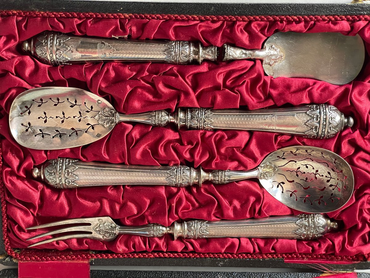 4-piece Dessert And Mignardises Set By Silversmith Victor Leneuf 19th C. Original Case-photo-2