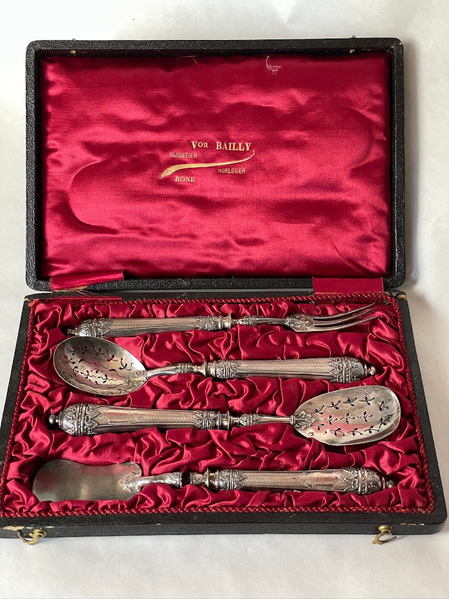 4-piece Dessert And Mignardises Set By Silversmith Victor Leneuf 19th C. Original Case