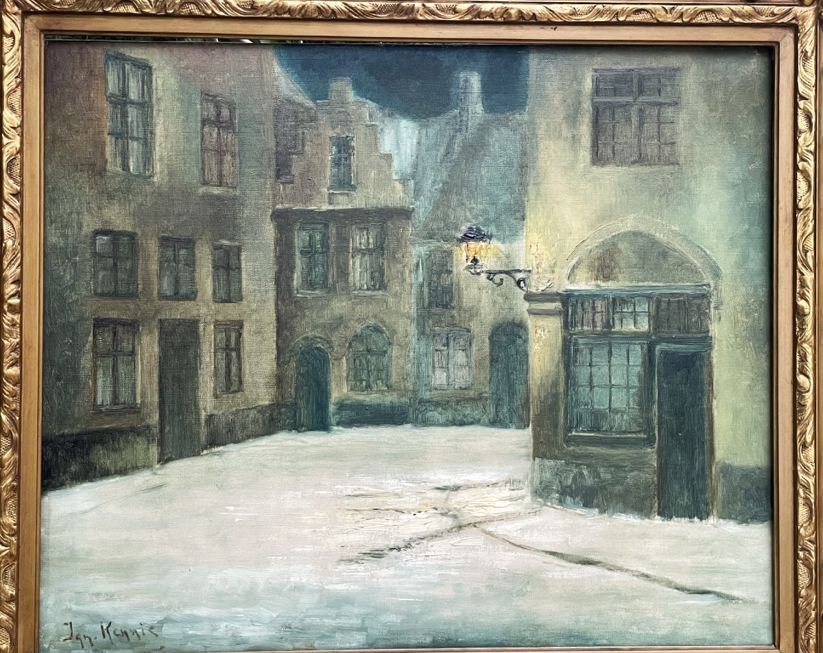 Malines Flandres  place enneigée par Jan Kennis, grande huile sur toile-photo-2