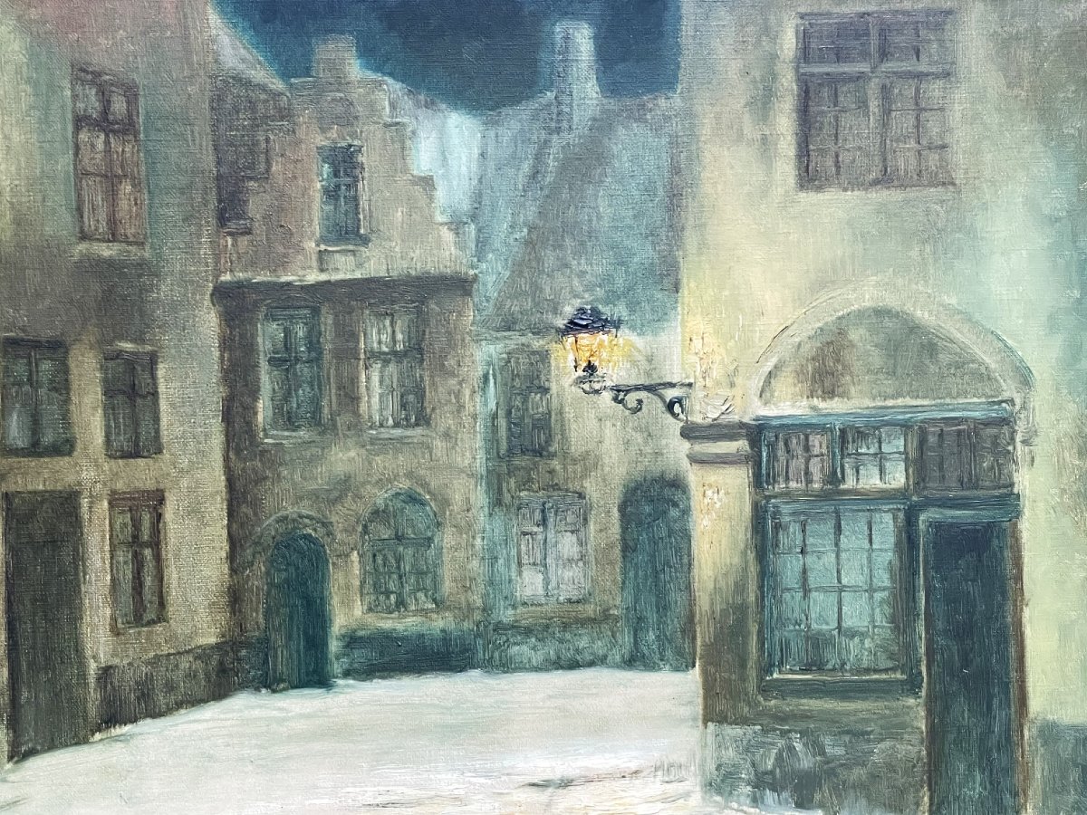 Malines Flandres  place enneigée par Jan Kennis, grande huile sur toile-photo-3