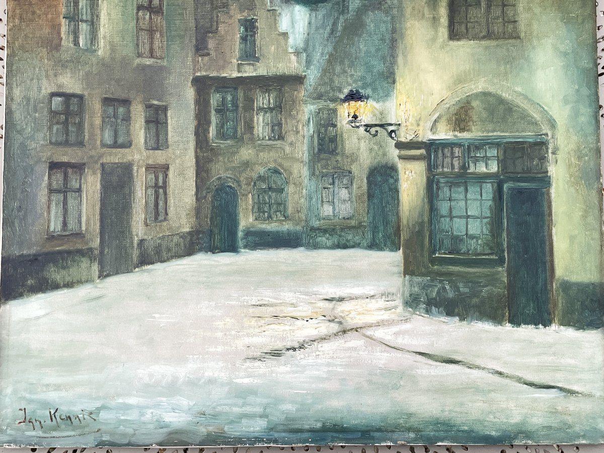 Malines Flandres  place enneigée par Jan Kennis, grande huile sur toile-photo-2