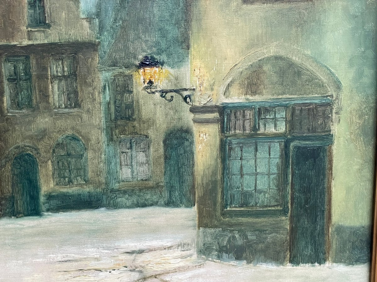 Malines Flandres  place enneigée par Jan Kennis, grande huile sur toile-photo-3