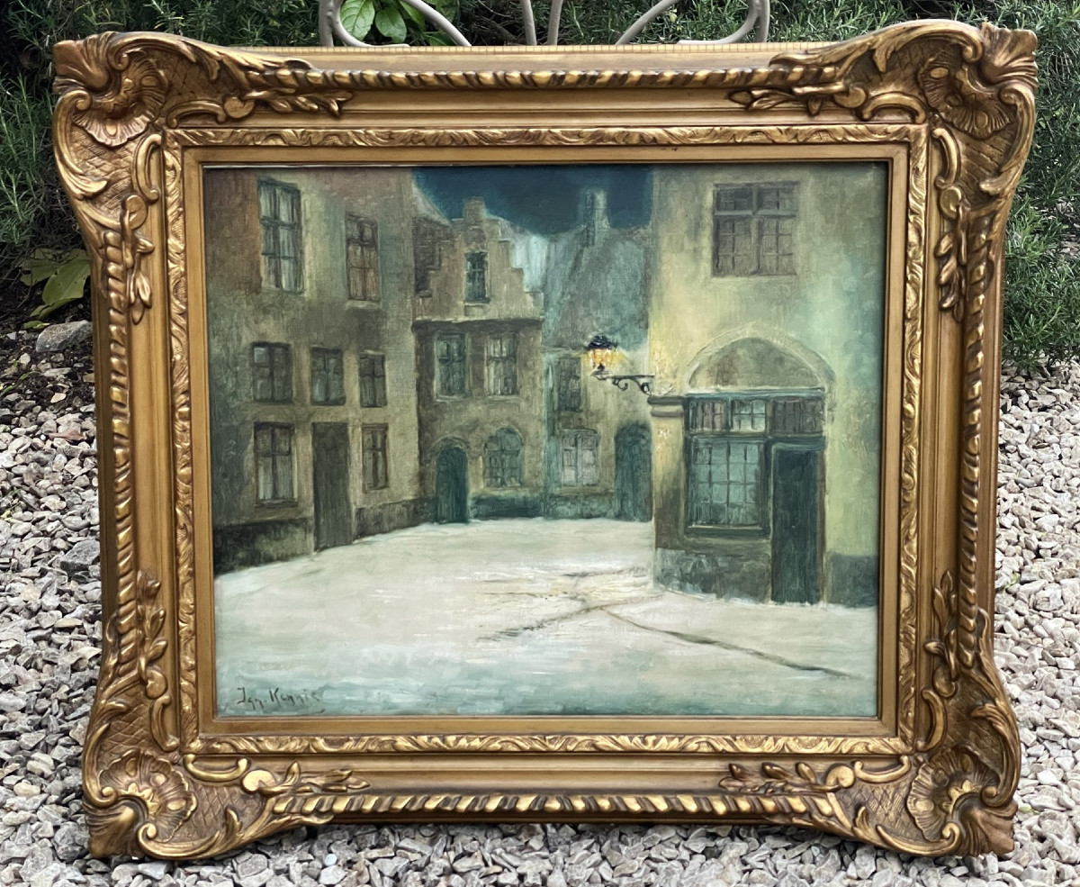 Malines Flandres  place enneigée par Jan Kennis, grande huile sur toile