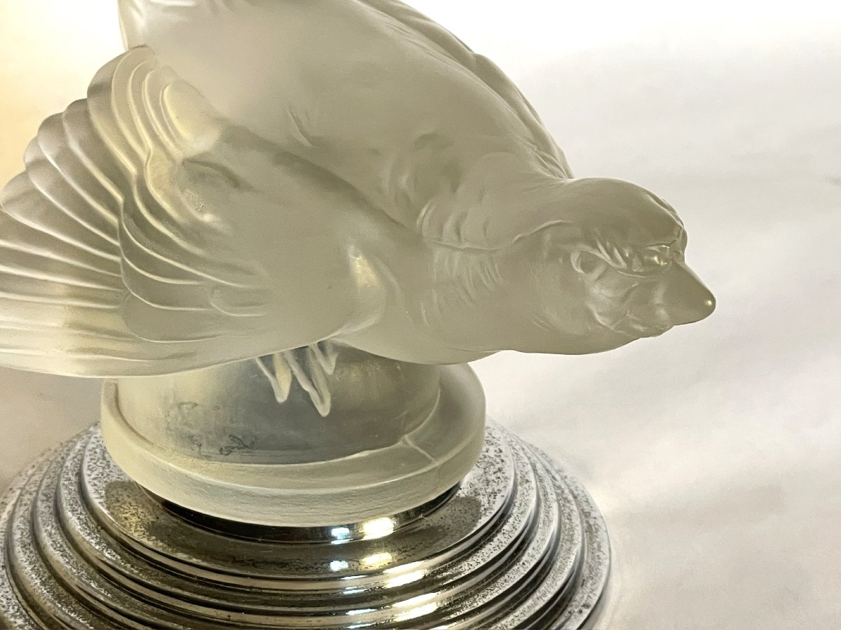 Satin-finish Glass Bird On Chrome-plated Base, Automotive Mascot By Sabino, Lalique-photo-2
