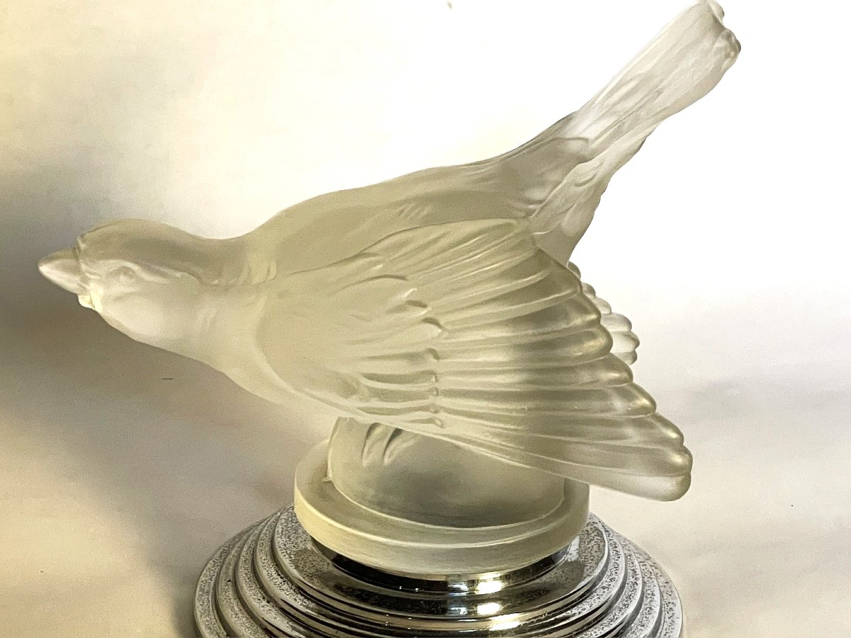 Satin-finish Glass Bird On Chrome-plated Base, Automotive Mascot By Sabino, Lalique-photo-3
