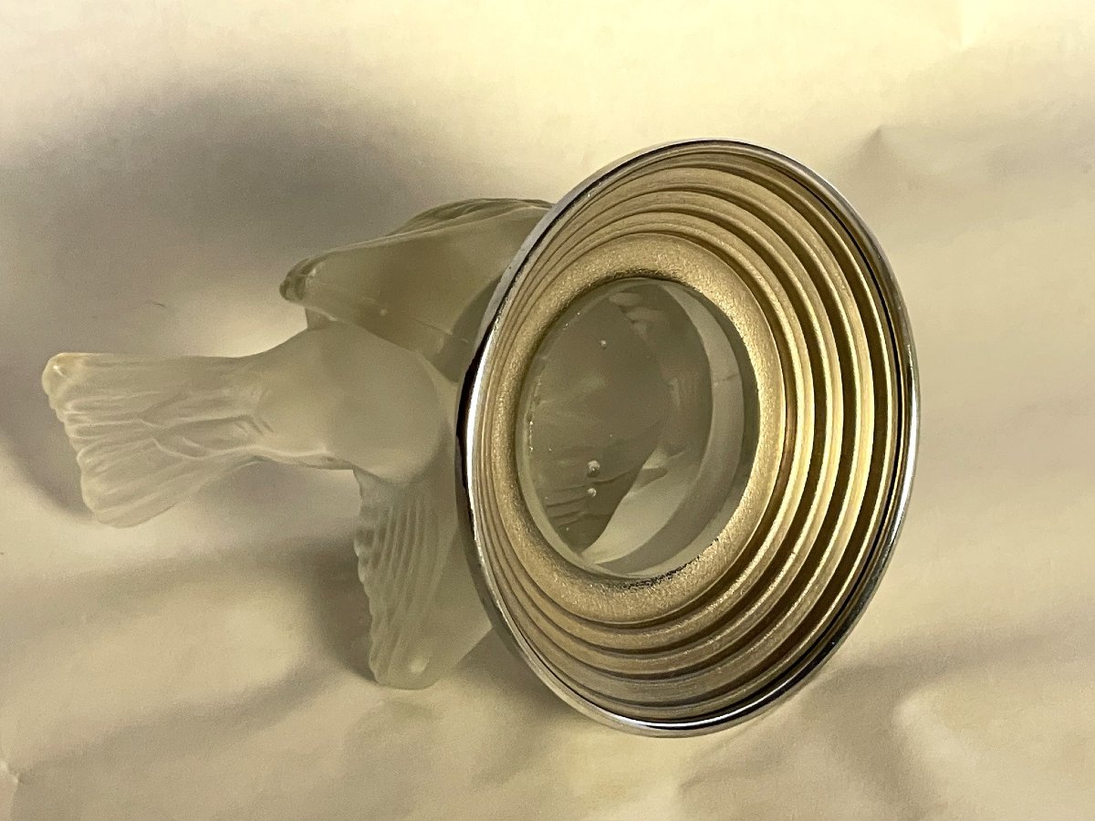 Satin-finish Glass Bird On Chrome-plated Base, Automotive Mascot By Sabino, Lalique-photo-1