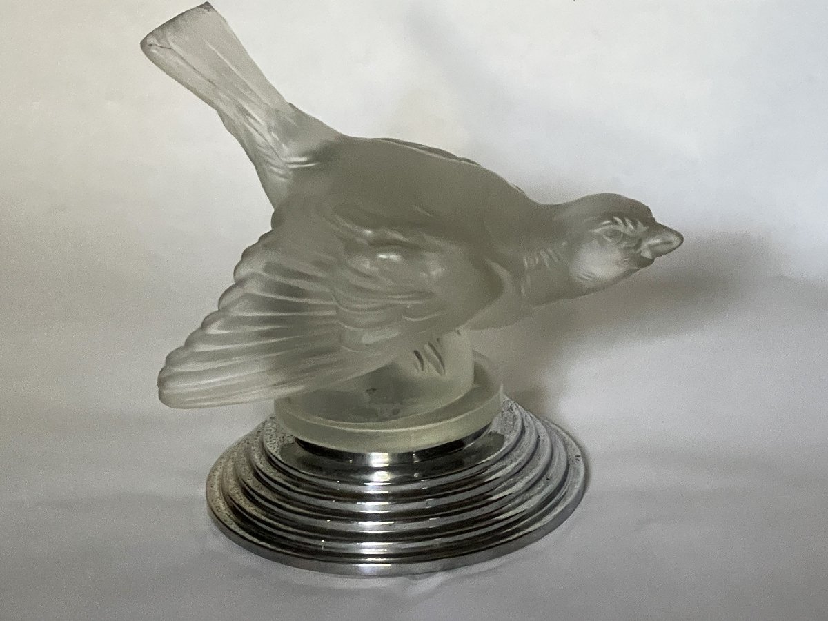 Satin-finish Glass Bird On Chrome-plated Base, Automotive Mascot By Sabino, Lalique-photo-3