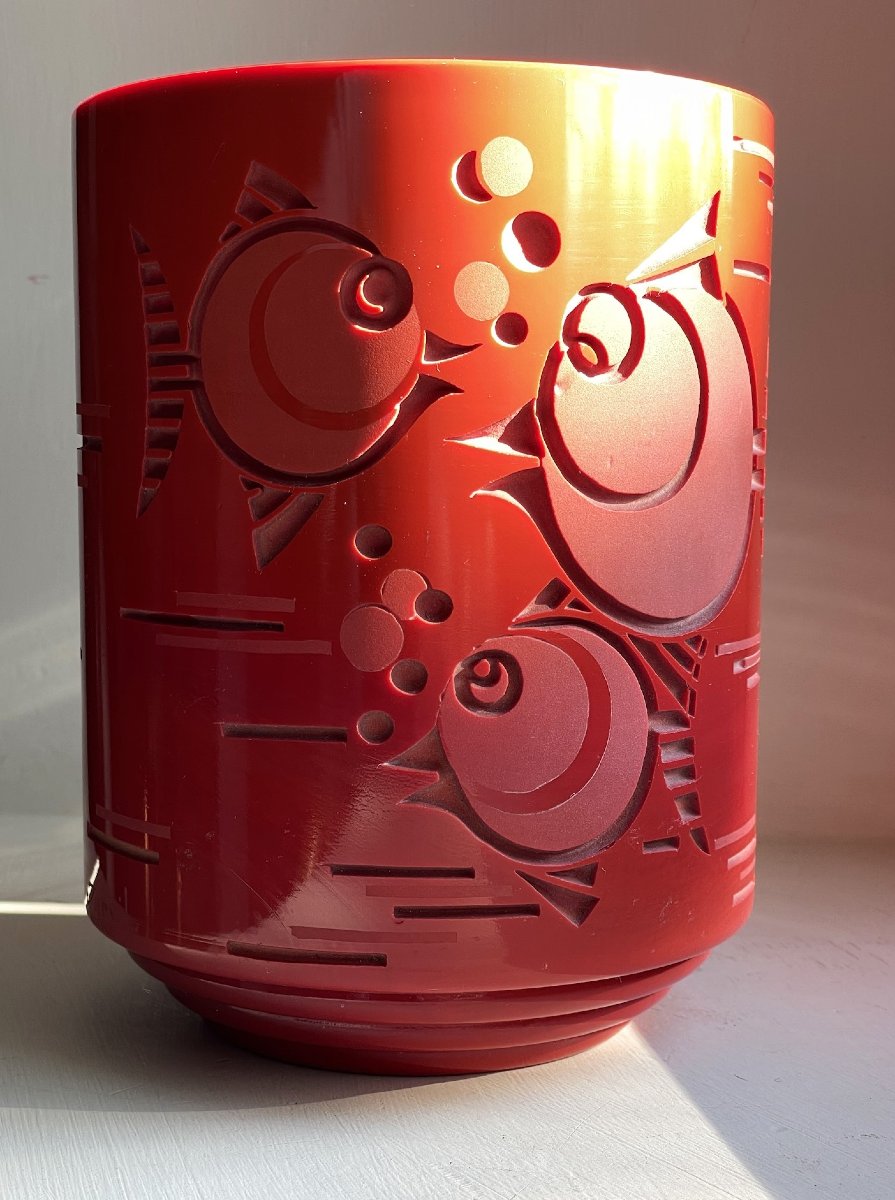 Delatte–jarvil Vase With Round Fish Design, Circa 1930-photo-3