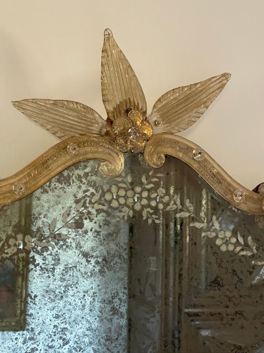Three-armed Wall Mirror With Gold Accents, Venice Murano-photo-4