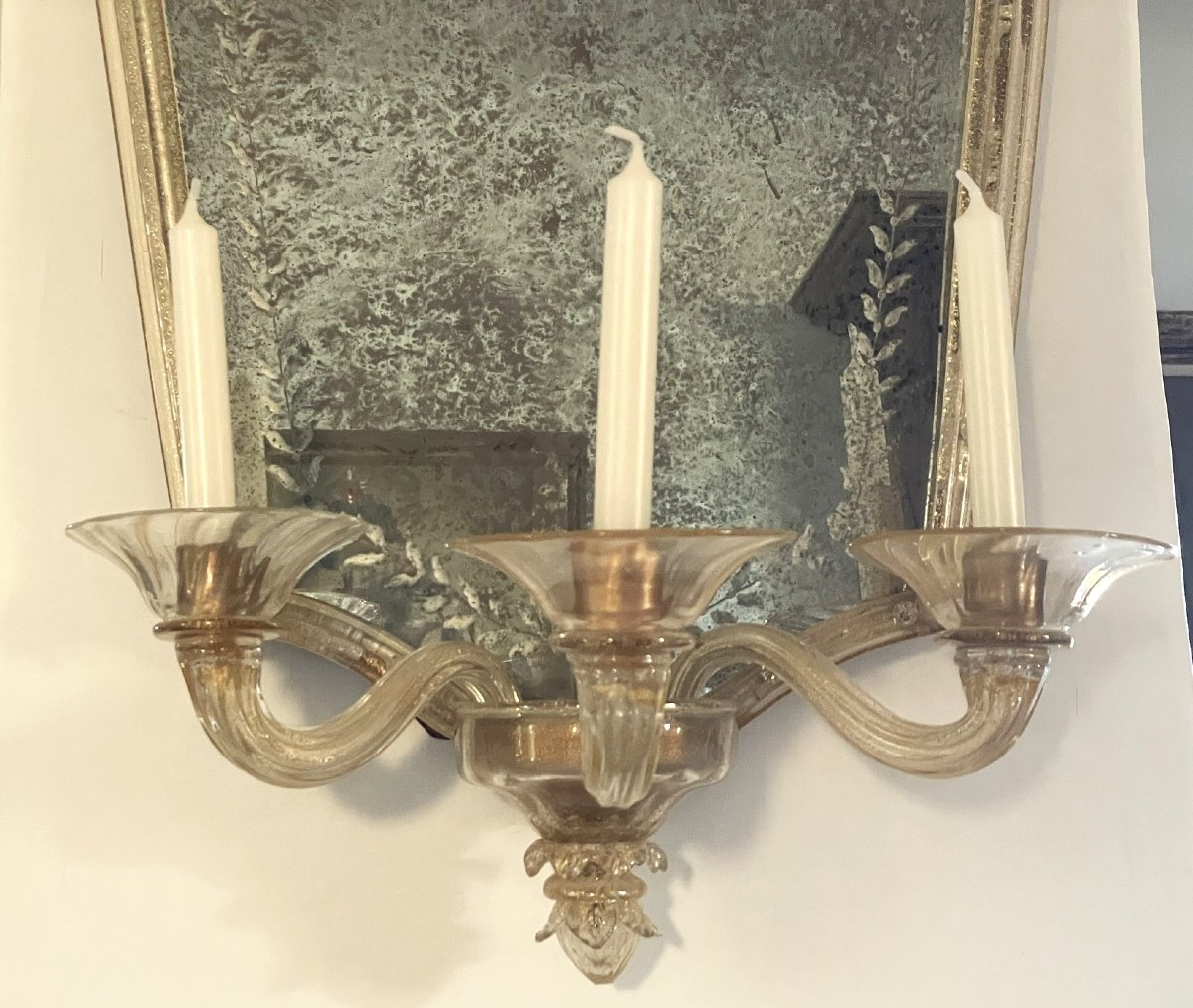 Three-armed Wall Mirror With Gold Accents, Venice Murano-photo-2