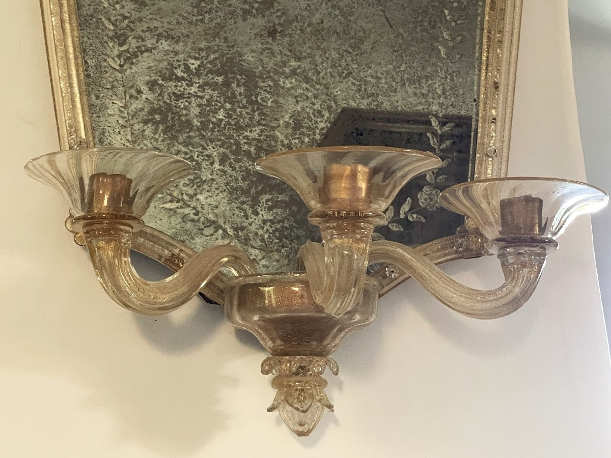 Three-armed Wall Mirror With Gold Accents, Venice Murano-photo-4