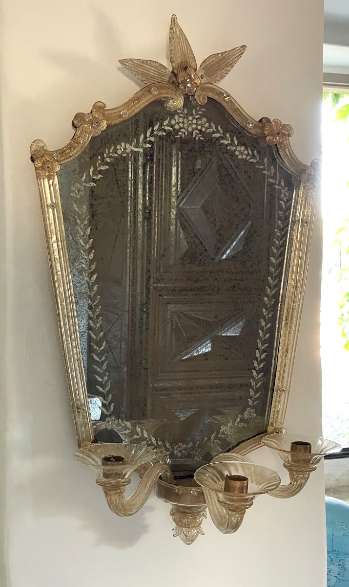 Three-armed Wall Mirror With Gold Accents, Venice Murano-photo-5