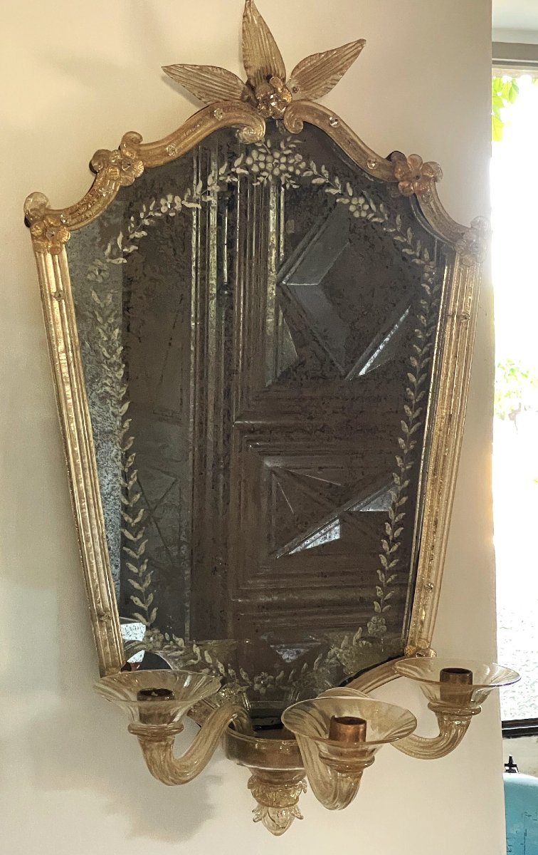 Three-armed Wall Mirror With Gold Accents, Venice Murano