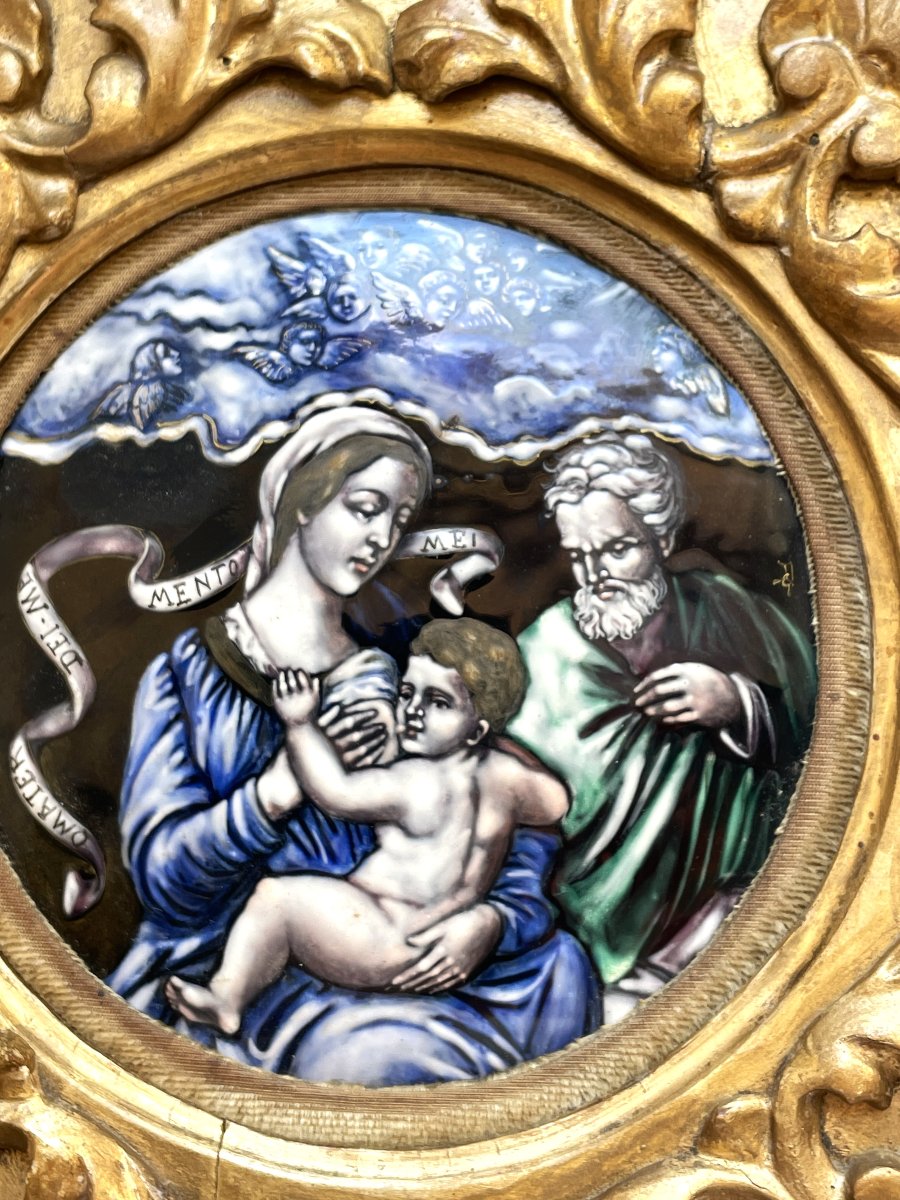 Tondo en émail de Limoges Saint Famille, encadrement de bois doré XIXème-photo-2
