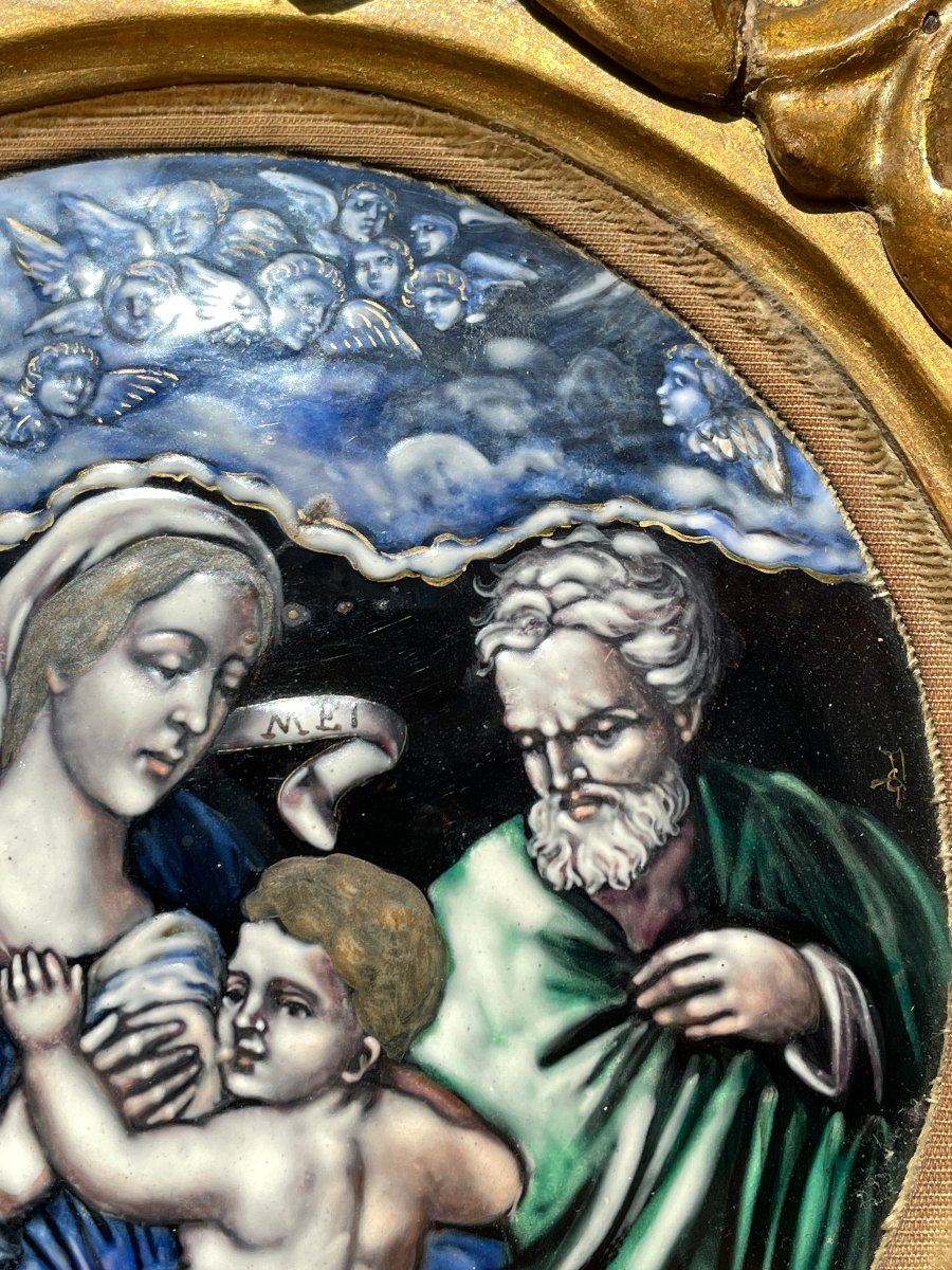 Tondo en émail de Limoges Saint Famille, encadrement de bois doré XIXème-photo-4