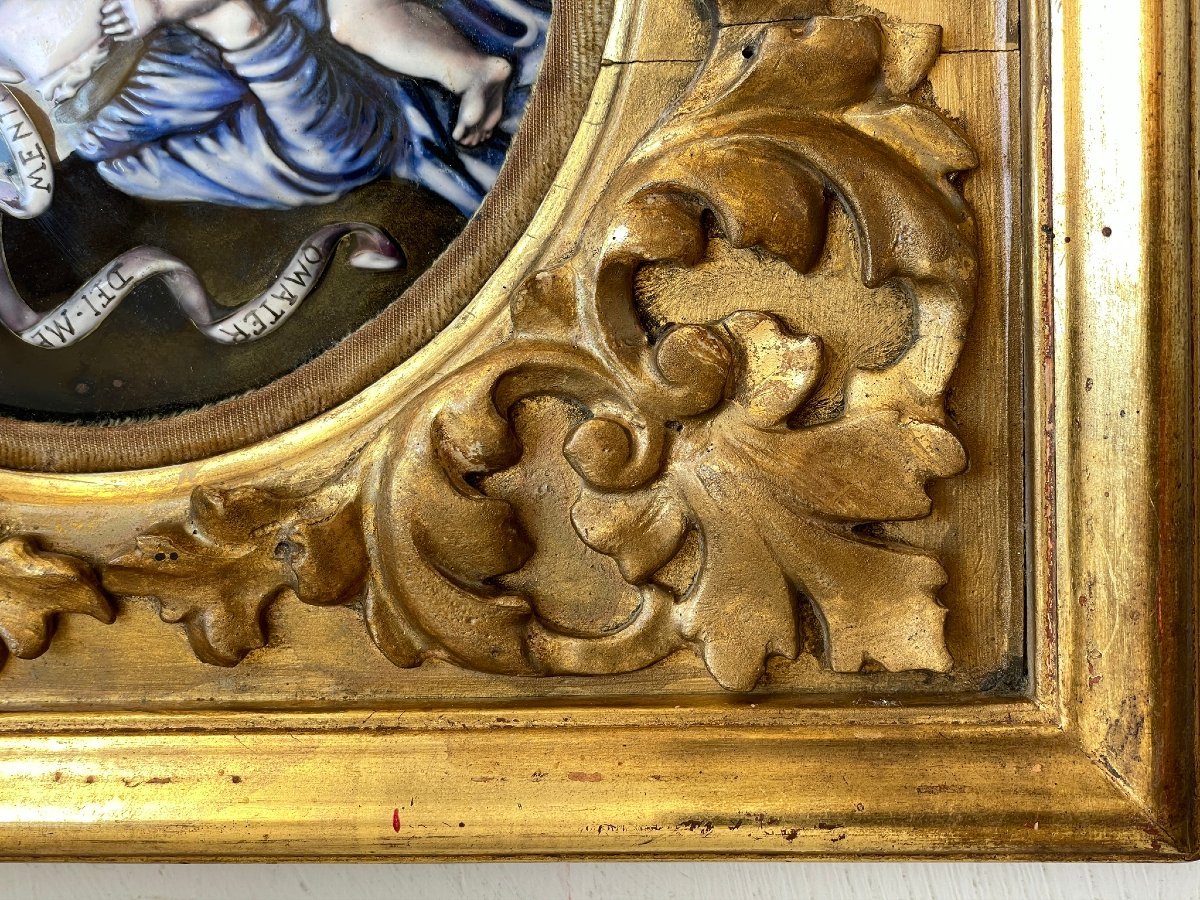 Tondo en émail de Limoges Saint Famille, encadrement de bois doré XIXème-photo-3