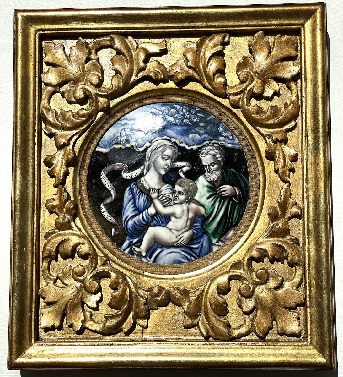 Tondo en émail de Limoges Saint Famille, encadrement de bois doré XIXème-photo-6