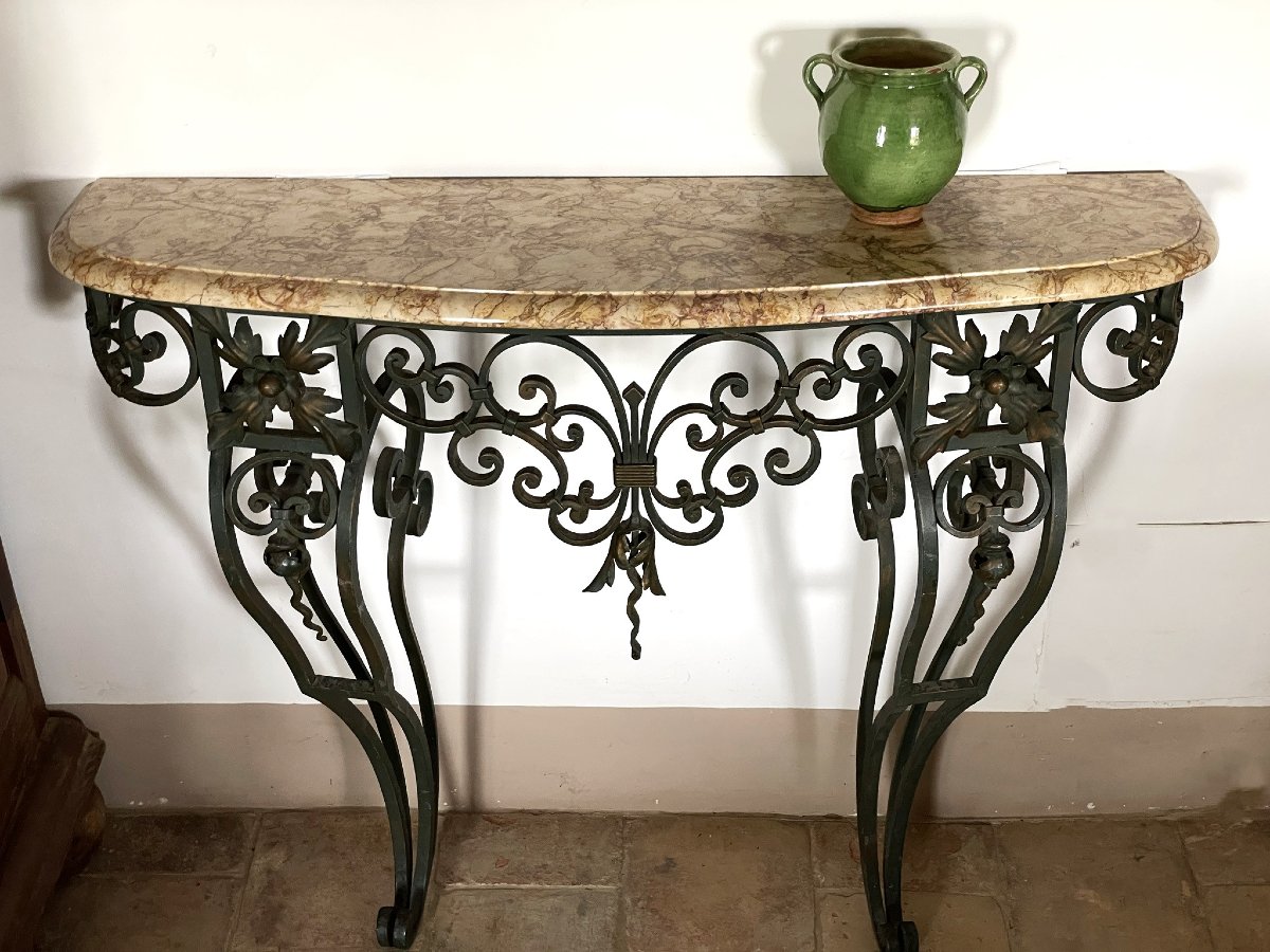 Provençal Wrought-iron Console Table With Brocatelle Marble, Louis XV Style-photo-2