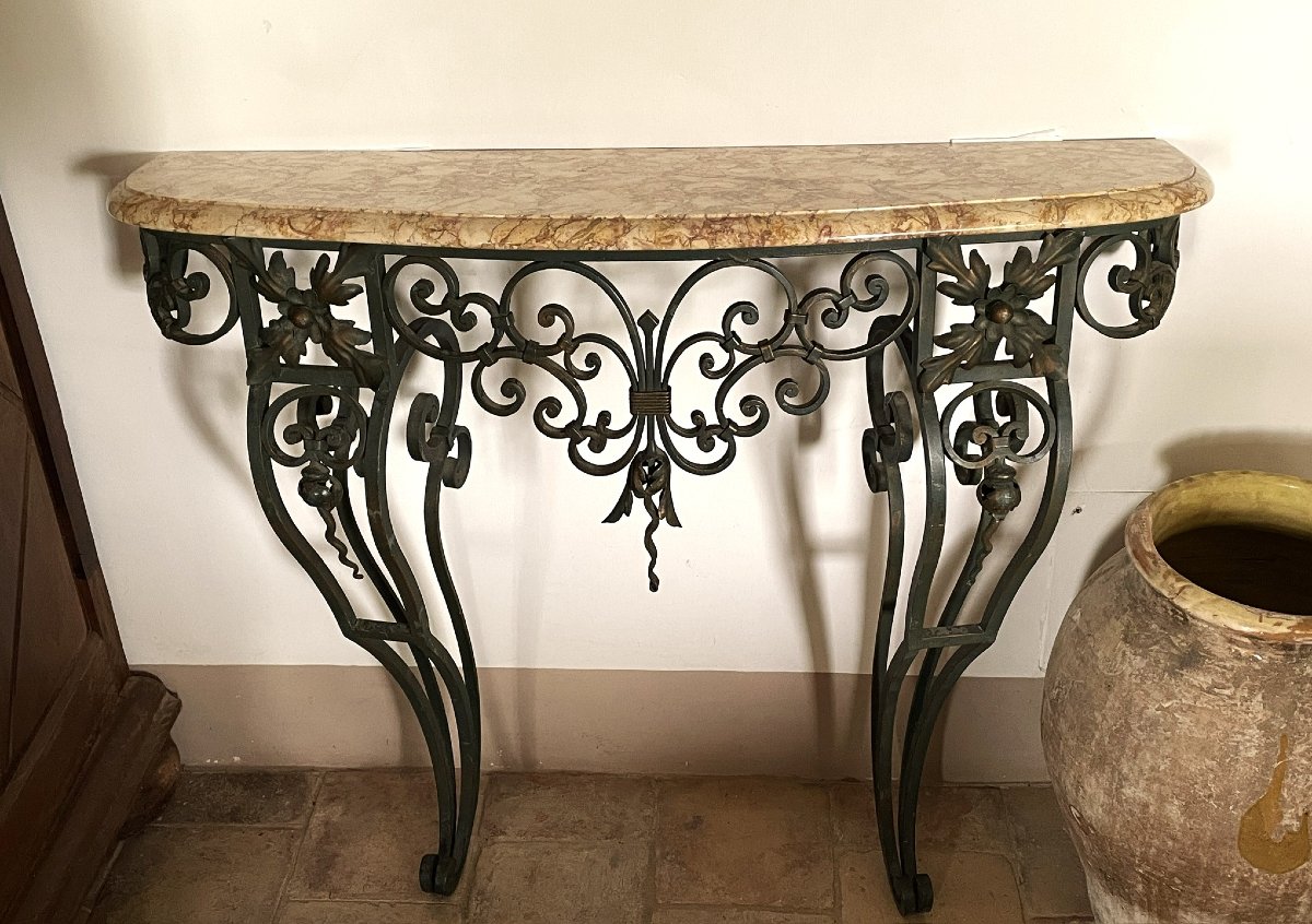 Provençal Wrought-iron Console Table With Brocatelle Marble, Louis XV Style-photo-1