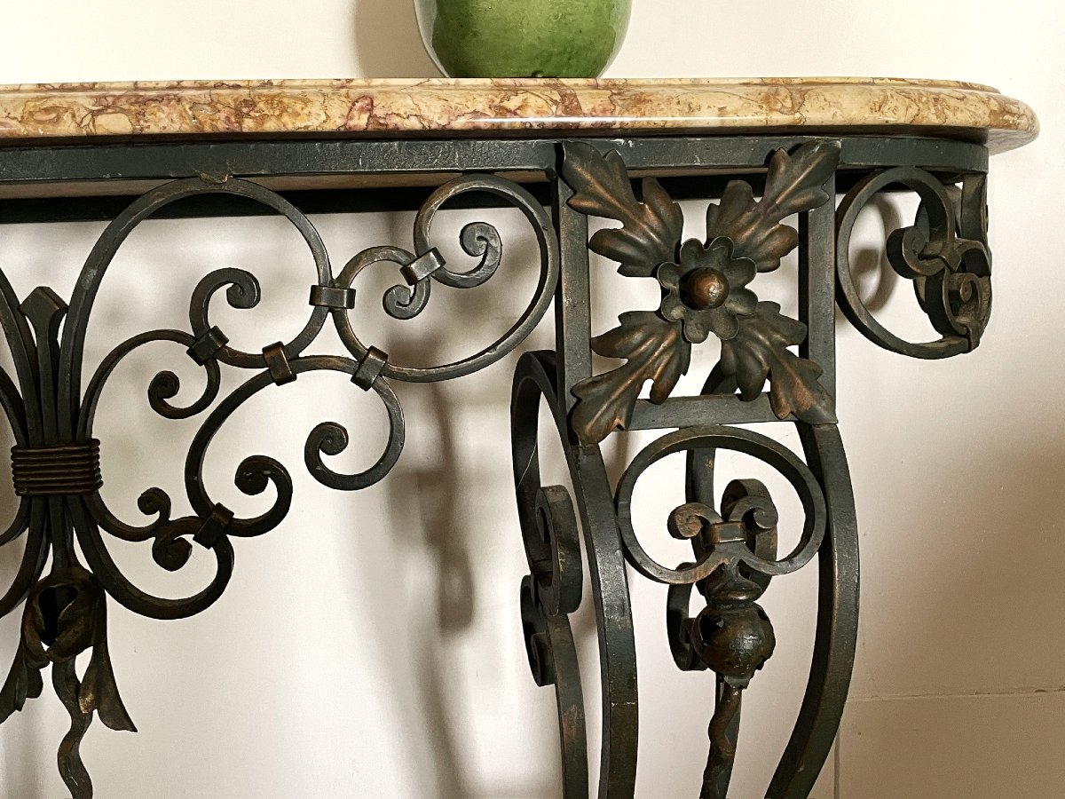 Provençal Wrought-iron Console Table With Brocatelle Marble, Louis XV Style-photo-2