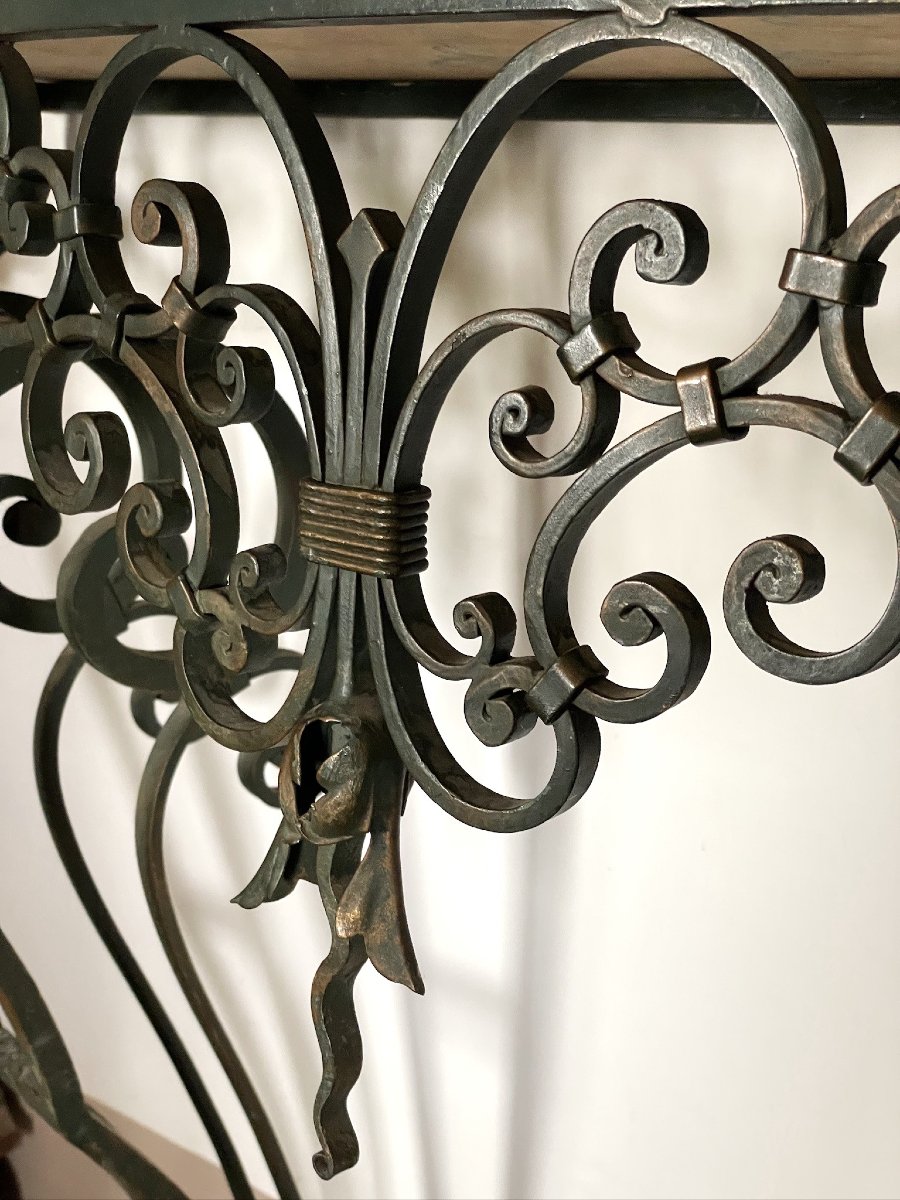 Provençal Wrought-iron Console Table With Brocatelle Marble, Louis XV Style-photo-3