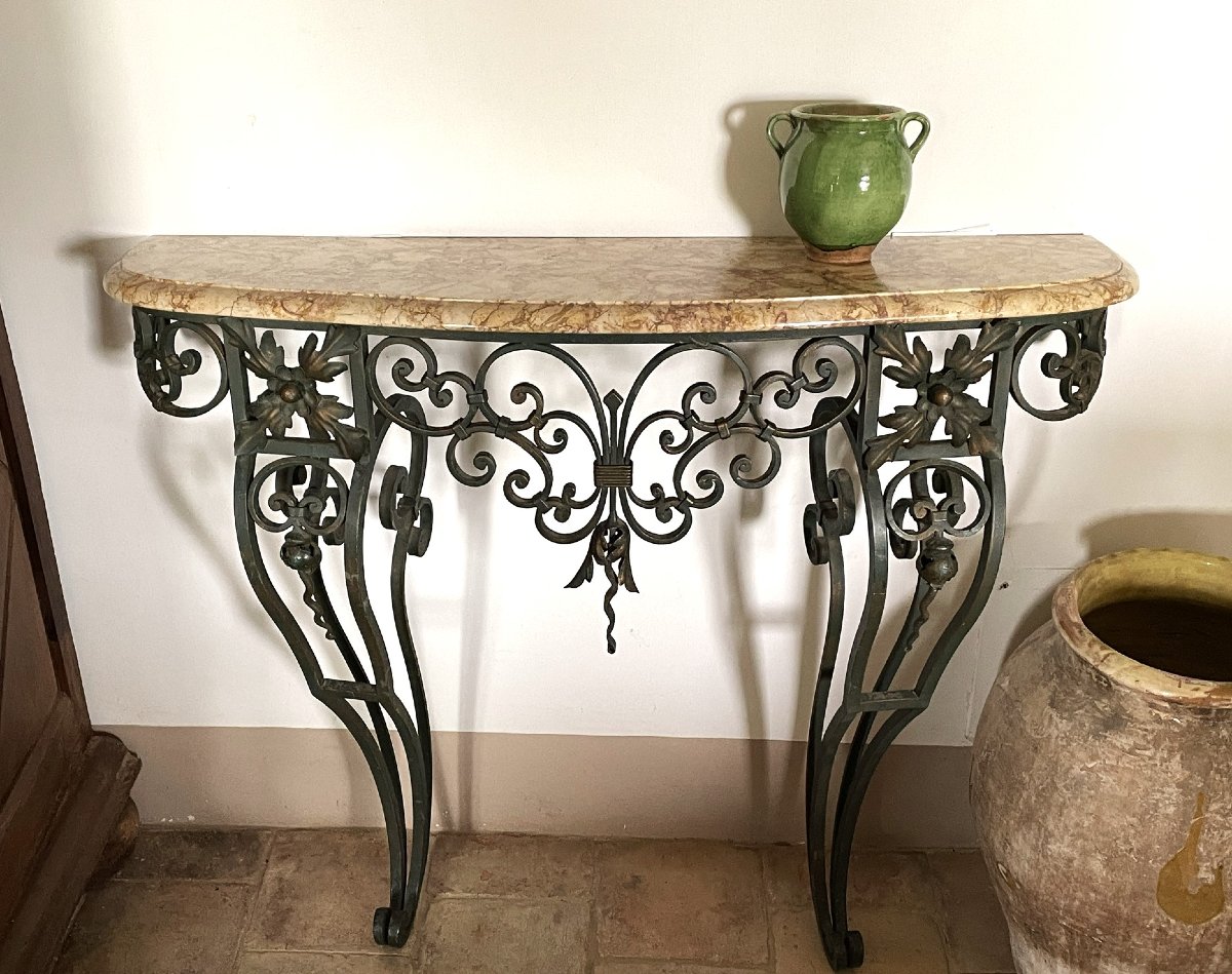 Provençal Wrought-iron Console Table With Brocatelle Marble, Louis XV Style-photo-5