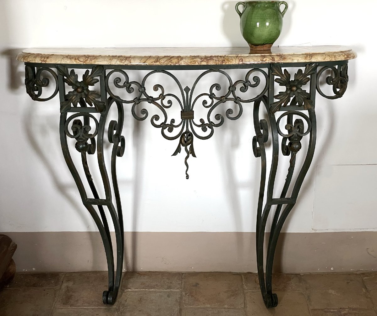 Provençal Wrought-iron Console Table With Brocatelle Marble, Louis XV Style
