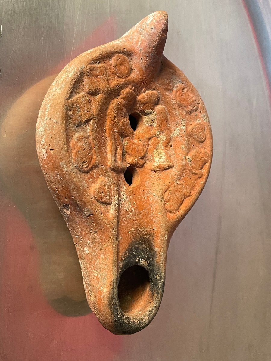 Lampe à huile en terre cuite orangée, Empire romain "Carthage" époque byzantine-photo-4