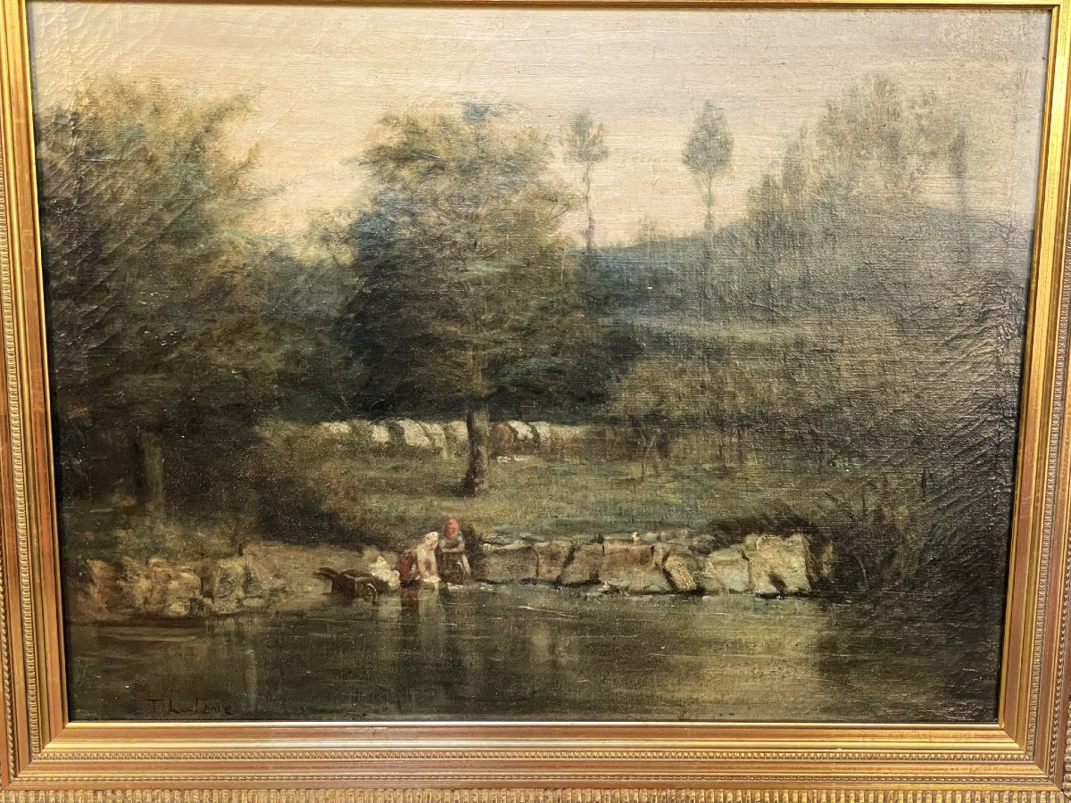 Les lavandières, paysage XIXème école de Barbizon-photo-2