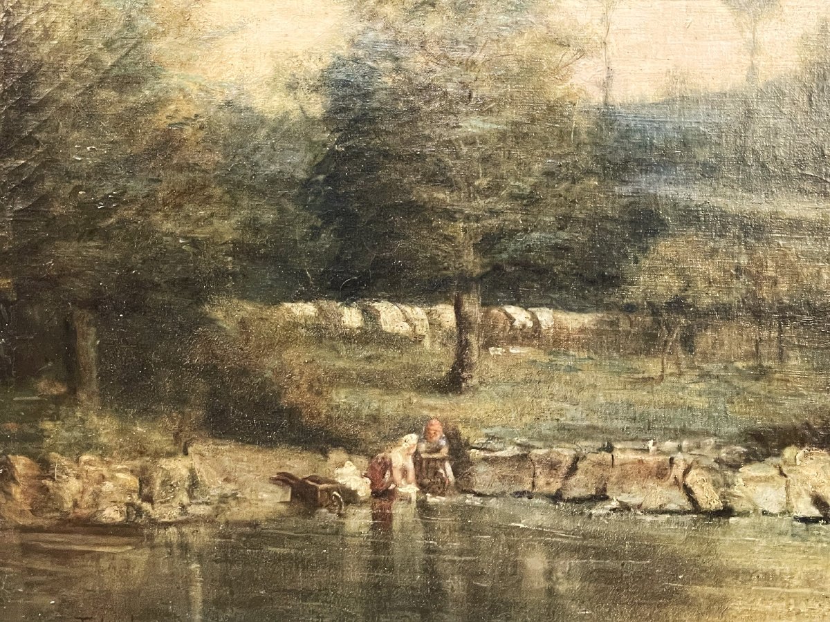 Les lavandières, paysage XIXème école de Barbizon-photo-3