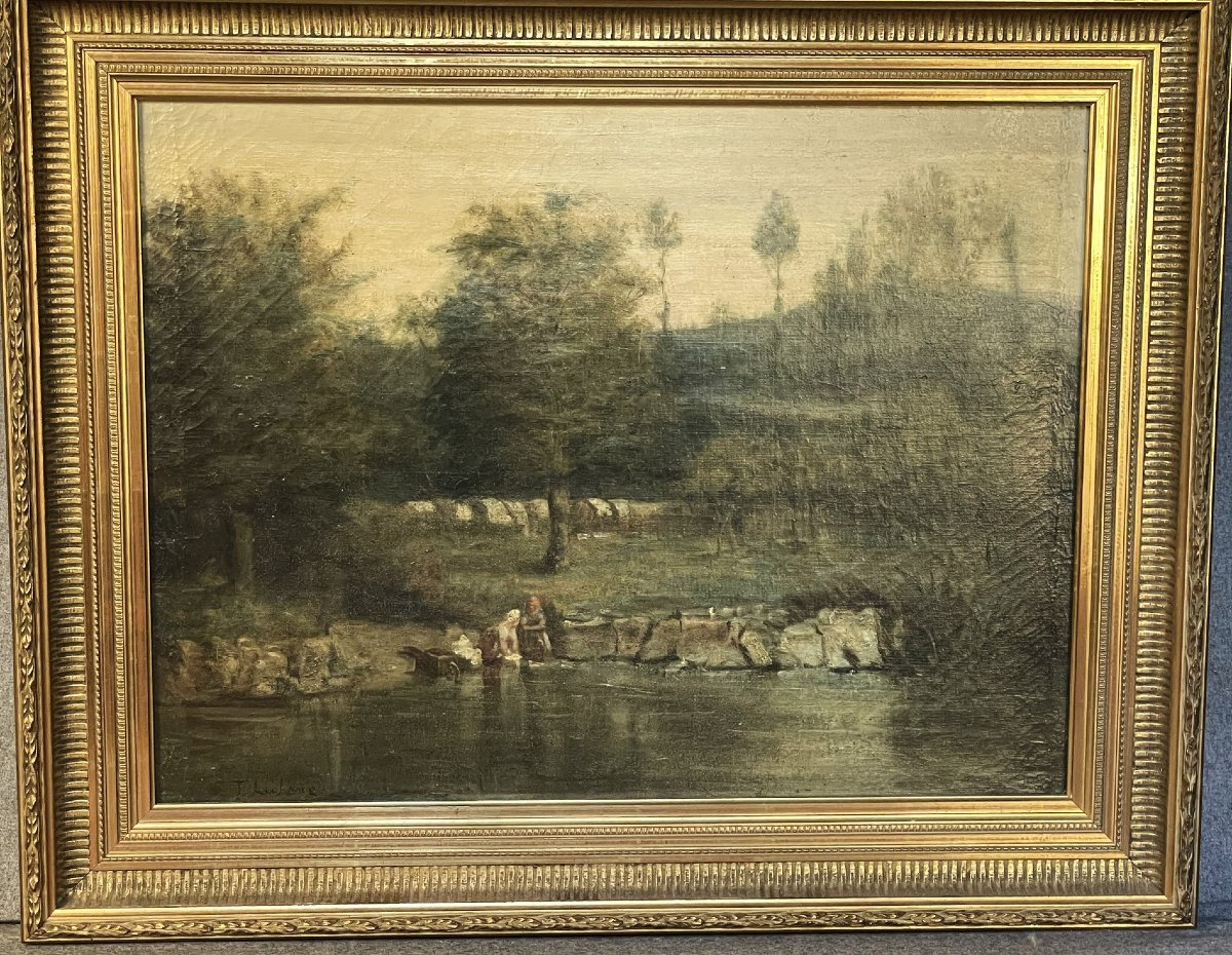 Les lavandières, paysage XIXème école de Barbizon