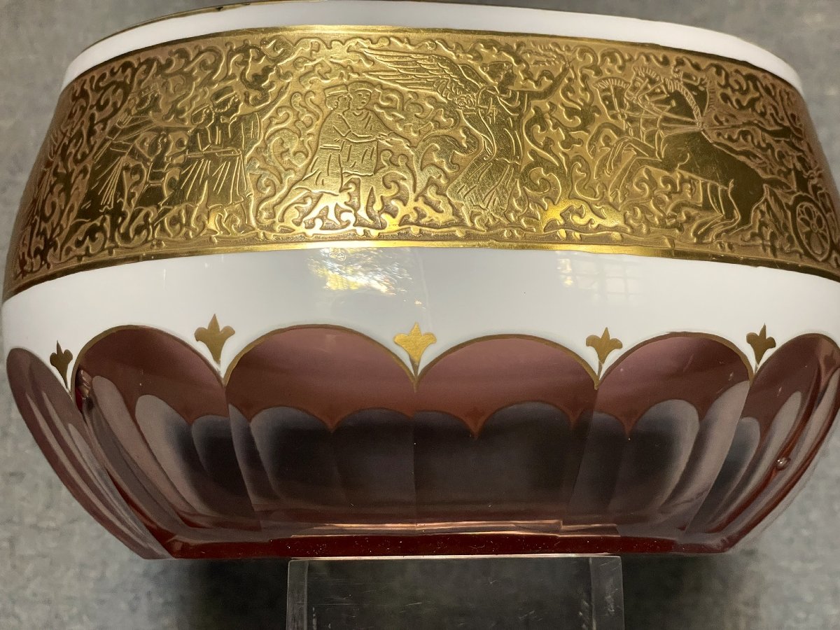 Crystal Goblet With Amber And Opaline Overlay, Gilded Frieze Depicting A Mythological Scene - Saint Louis -photo-3