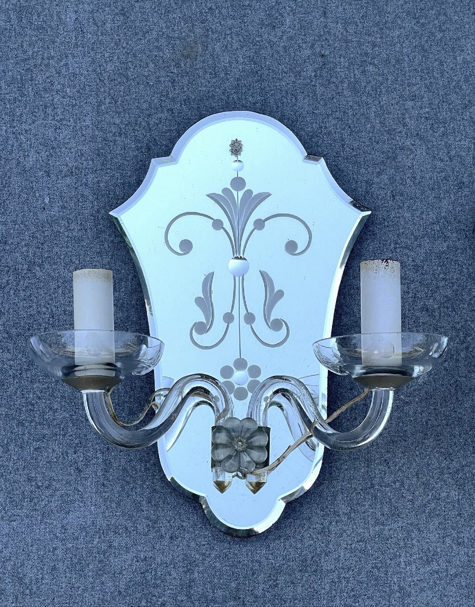 Paire d'appliques en cristal soufflé et miroirs au mercure biseautés et taillés, Italie, Murano-photo-2
