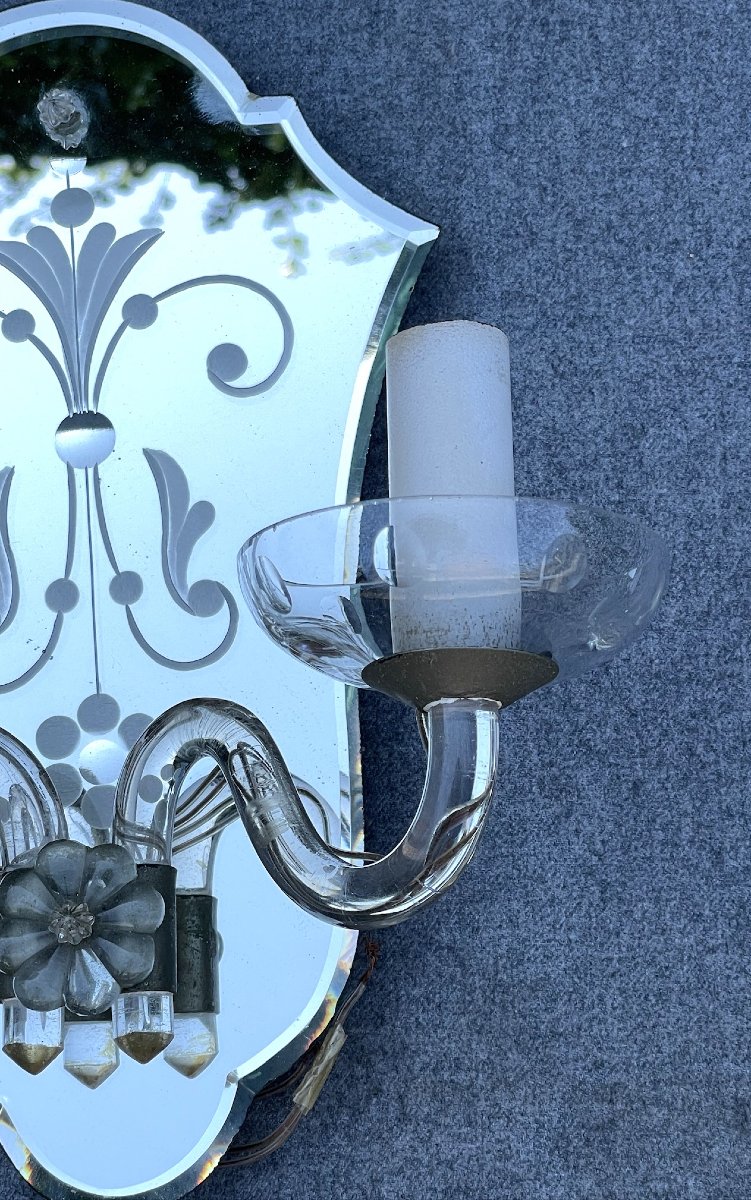 Paire d'appliques en cristal soufflé et miroirs au mercure biseautés et taillés, Italie, Murano-photo-4
