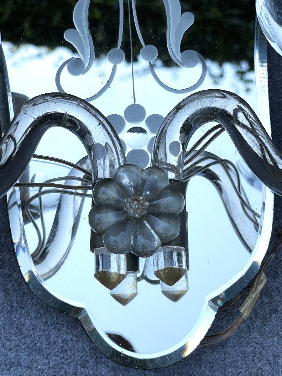 Paire d'appliques en cristal soufflé et miroirs au mercure biseautés et taillés, Italie, Murano-photo-1