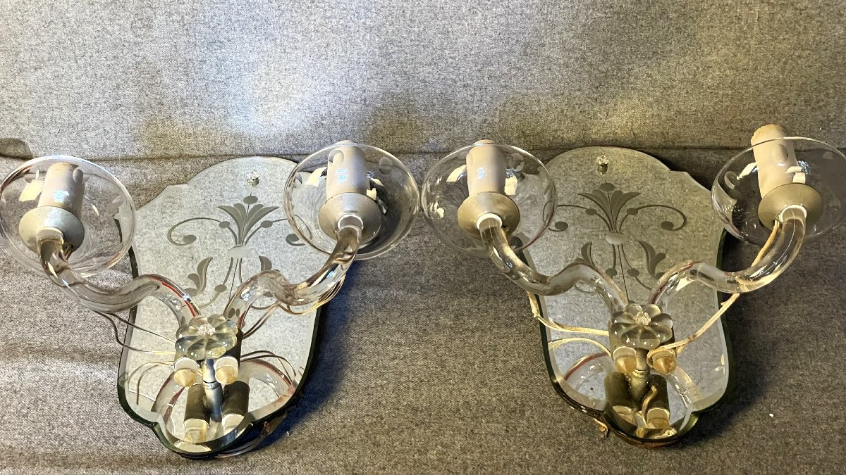 Paire d'appliques en cristal soufflé et miroirs au mercure biseautés et taillés, Italie, Murano-photo-2