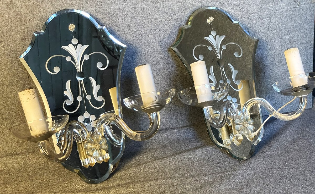 Paire d'appliques en cristal soufflé et miroirs au mercure biseautés et taillés, Italie, Murano-photo-3