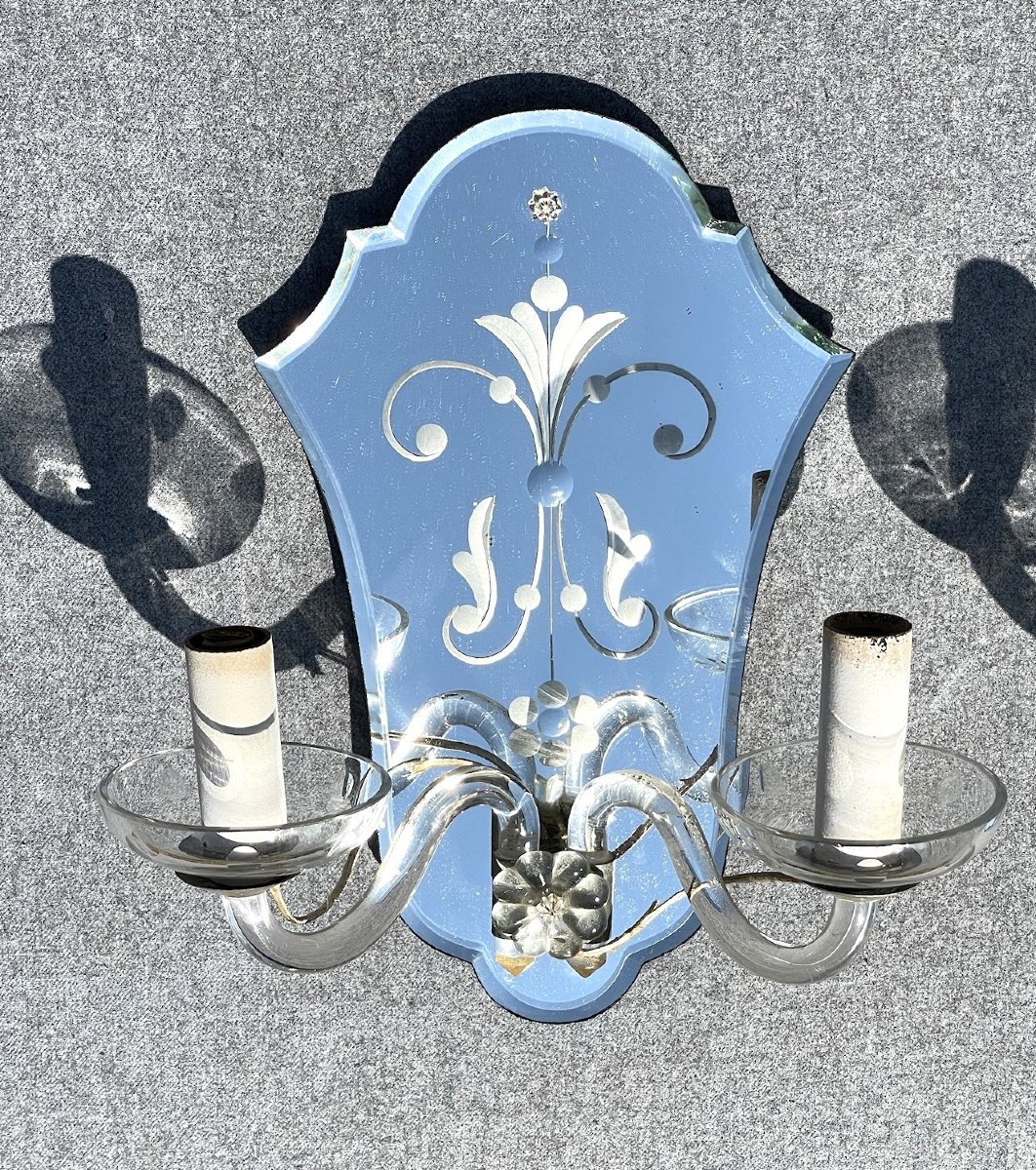 Paire d'appliques en cristal soufflé et miroirs au mercure biseautés et taillés, Italie, Murano-photo-5