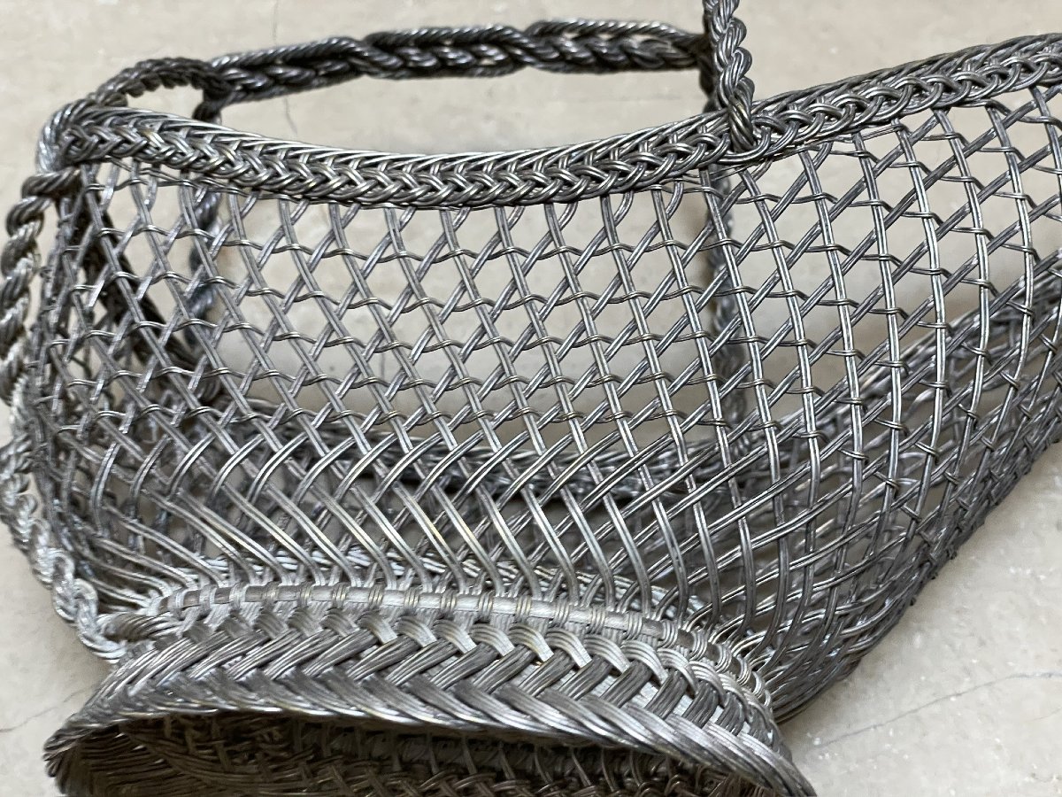 Wicker Table Bottle Holder, Finely Woven Silver-plated Metal, Early 20th Century-photo-3