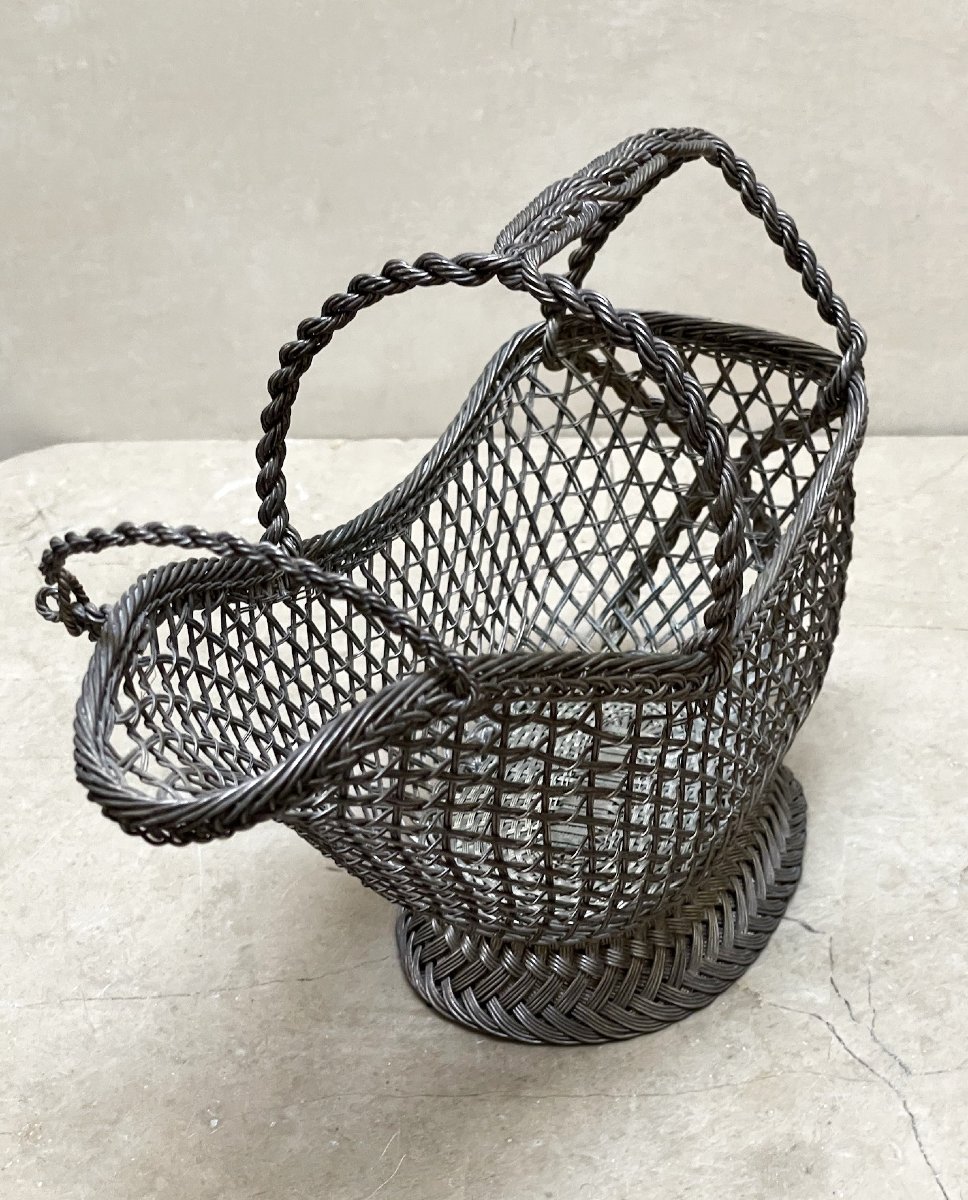 Wicker Table Bottle Holder, Finely Woven Silver-plated Metal, Early 20th Century-photo-4