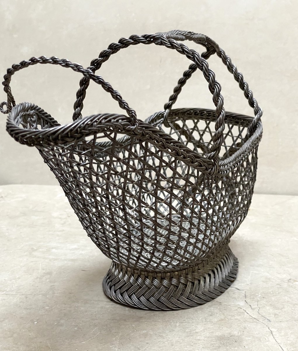 Wicker Table Bottle Holder, Finely Woven Silver-plated Metal, Early 20th Century-photo-1