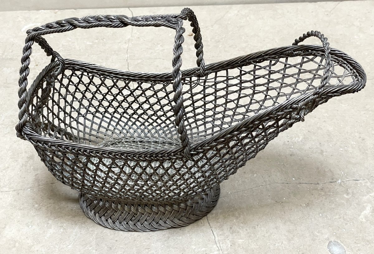 Wicker Table Bottle Holder, Finely Woven Silver-plated Metal, Early 20th Century-photo-2