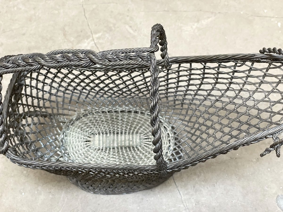 Wicker Table Bottle Holder, Finely Woven Silver-plated Metal, Early 20th Century-photo-3