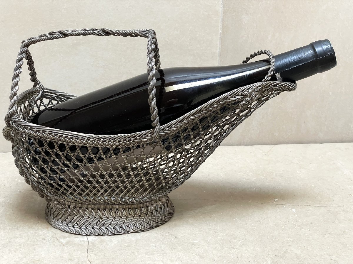 Wicker Table Bottle Holder, Finely Woven Silver-plated Metal, Early 20th Century-photo-6