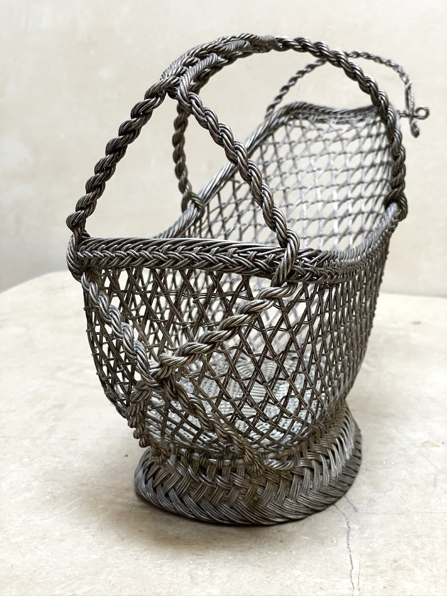 Wicker Table Bottle Holder, Finely Woven Silver-plated Metal, Early 20th Century-photo-7