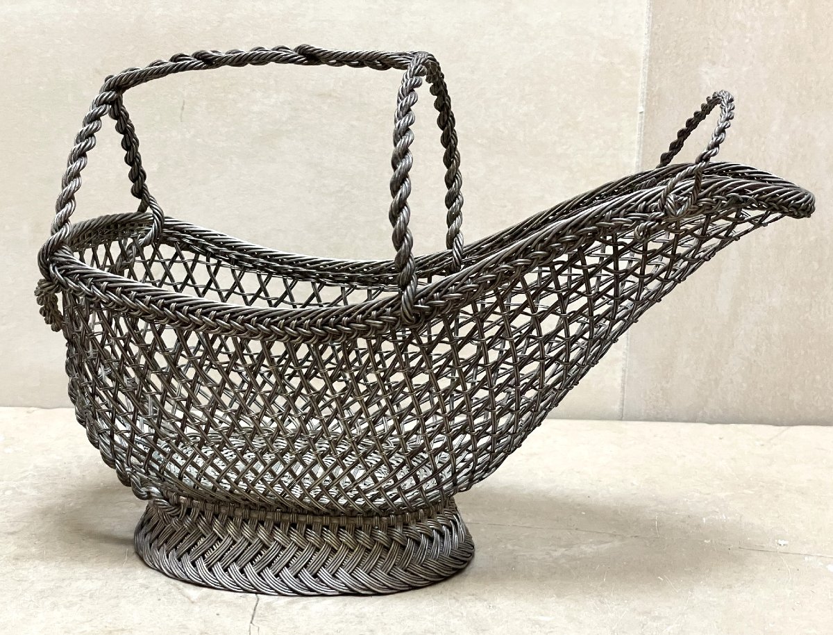 Wicker Table Bottle Holder, Finely Woven Silver-plated Metal, Early 20th Century