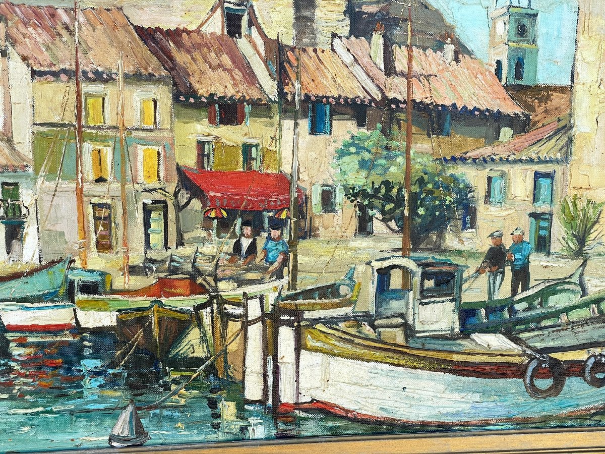 Port de Saint Chamas, étang de Berre, Provence, grande huile par Roger Dumax -photo-3