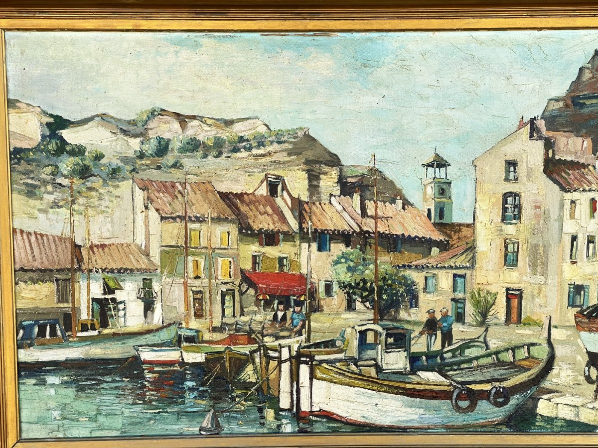 Port de Saint Chamas, étang de Berre, Provence, grande huile par Roger Dumax -photo-4