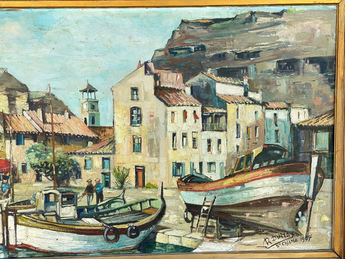 Port de Saint Chamas, étang de Berre, Provence, grande huile par Roger Dumax -photo-1